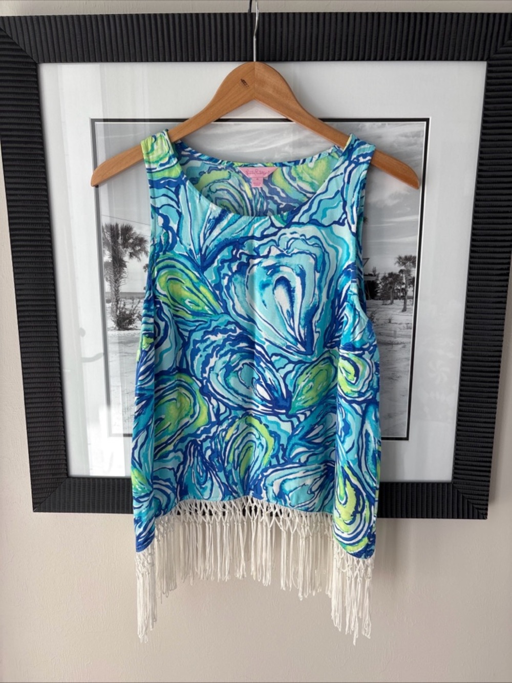 Lilly Pulitzer Sonya Fringe Tank Oh Shucks Oyster Print Size 8 Coastal Resort